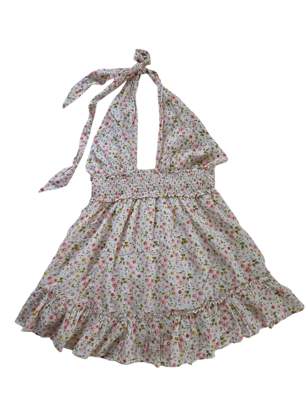 aerie White Floral Halter Mini Dress with Pink & Yellow Blossoms - Picture 2 of 6